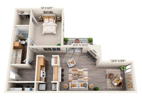 This is a 3D floor plan of a 982 square foot 1 bedroom, 1 bath apartment at Cambridge Court Apartments in Dallas, TX.